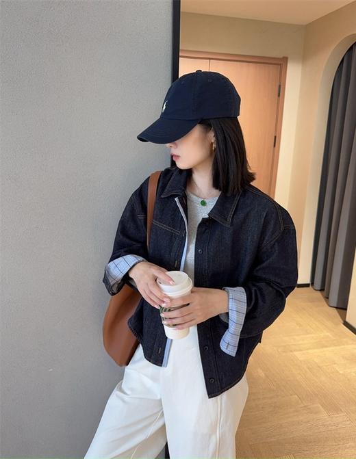 小众原单拼接格纹天丝翻领牛仔外套女 商品图5