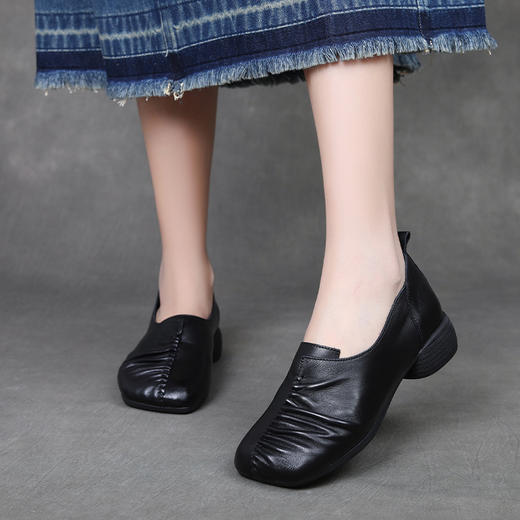FR 85026软底一脚蹬方头鞋真皮妈妈鞋褶皱软皮单鞋 商品图2