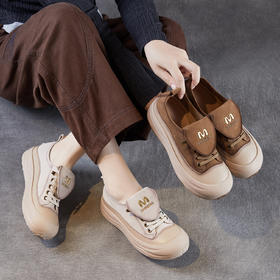 真皮复古休闲鞋，百搭舒适软底丑萌单鞋拼色平底板鞋ZM258592