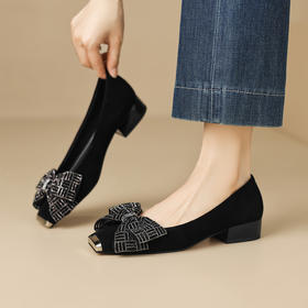 【预售5天】法式磨砂真皮水钻蝴蝶结浅口单鞋，方头低跟百搭舒适瓢鞋YS&9993