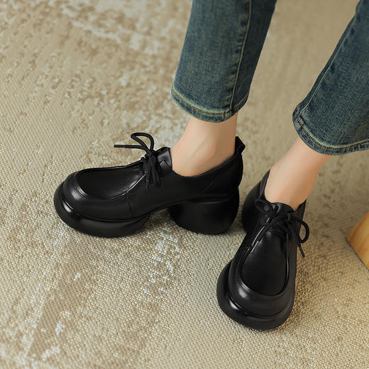 【预售5天】真皮小皮鞋女春秋新款厚底粗跟单鞋高跟系带女鞋英伦风乐福鞋DPJ&9692a 商品图4