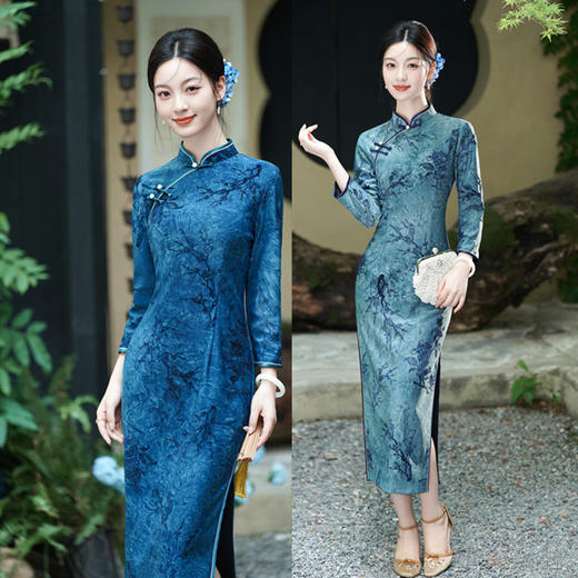 SKY 282222丝绒压花长款复古旗袍 商品图0