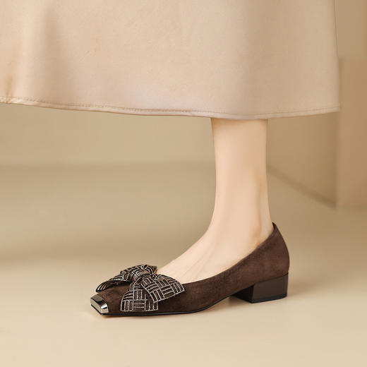 【预售5天】法式磨砂真皮水钻蝴蝶结浅口单鞋女春秋新款方头低跟百搭舒适瓢鞋YS&9993 商品图0