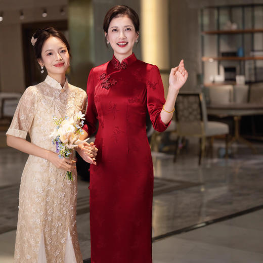 LHS C291酒红色醋酸旗袍婚庆婚宴礼服秋冬新款 商品图1