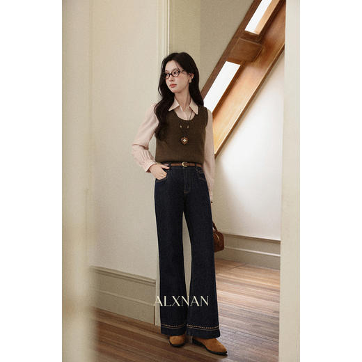 鹿向南「桂影摇秋」复古深蓝色直筒牛仔裤早秋新款高腰阔腿裤女士 商品图3