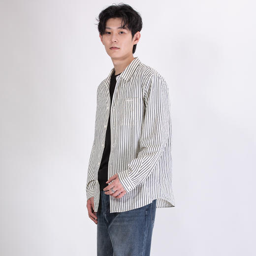 DRONKOO 2025 翻领左贴袋刺绣字母竖条修身款长袖中厚衬衣 商品图3