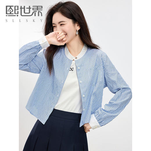【专属特价】熙世界长袖条纹衬衫女小个子2025秋季新款法式休闲圆领设计感上衣 商品图0