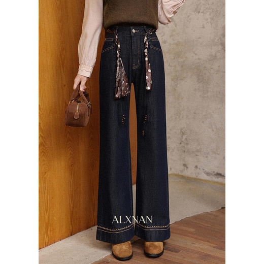 鹿向南「桂影摇秋」复古深蓝色直筒牛仔裤早秋新款高腰阔腿裤女士 商品图0