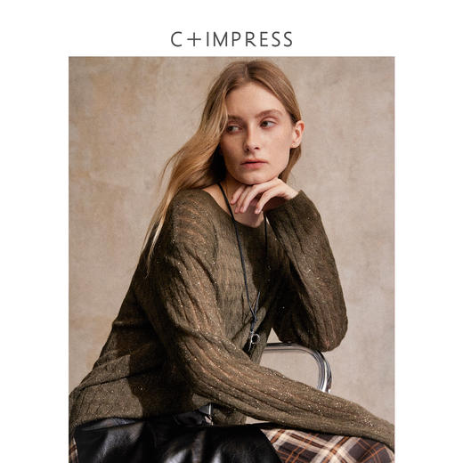 C+IMPRESS/西嘉 熠熠星光 复古绞花亮片桑蚕丝羊绒圆领针织毛衣女 商品图0