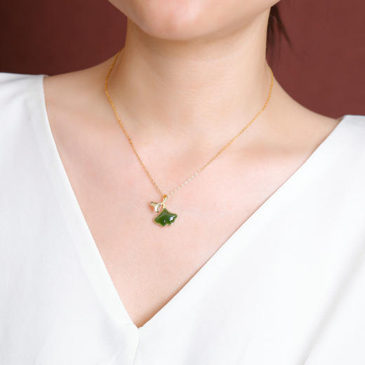 S925纯银镀金天然和田玉碧玉，吊坠复古新中式银杏叶挂坠套链CW-DZ06873 商品图3