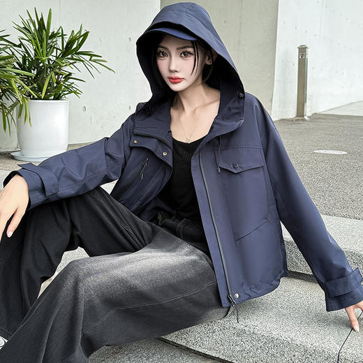 QYM 5906-Y时尚连帽短款外套气质拼接宽松休闲上衣 商品图2