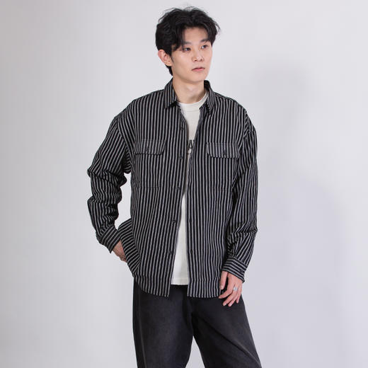 DRONKOO 2025 翻领竖条纹双袋盖雪尼尔长袖中厚衬衣 商品图2