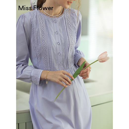 紫色纯棉法式气质连衣裙春季新款长裙收腰纯色裙子 商品图1