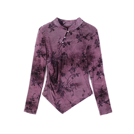 KQL E37M2938中式气质植绒印花长袖网纱打底衫修身显瘦T恤 商品图3