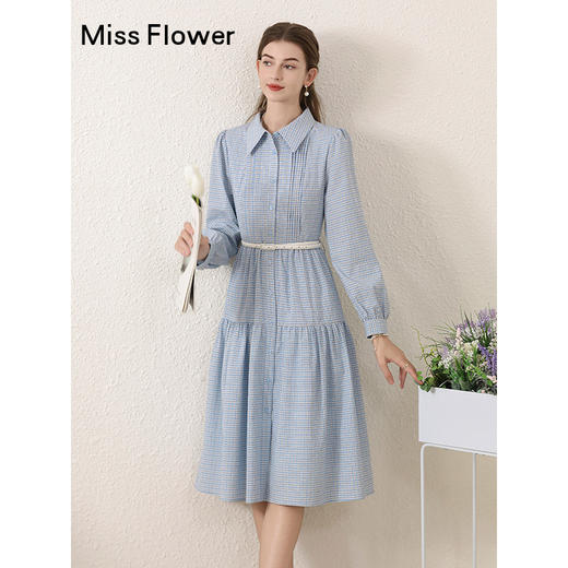 蓝色气质格子polo领连衣裙女春季新款减龄高腰显瘦裙子 商品图3