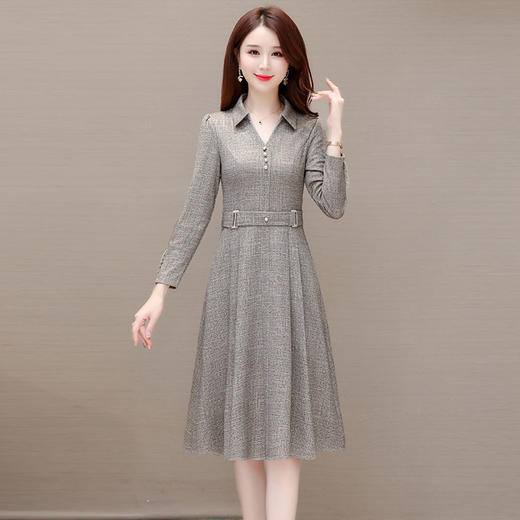 QYM 25CXB06衬衫领连衣裙高腰长袖中长款时尚A字裙 商品图0