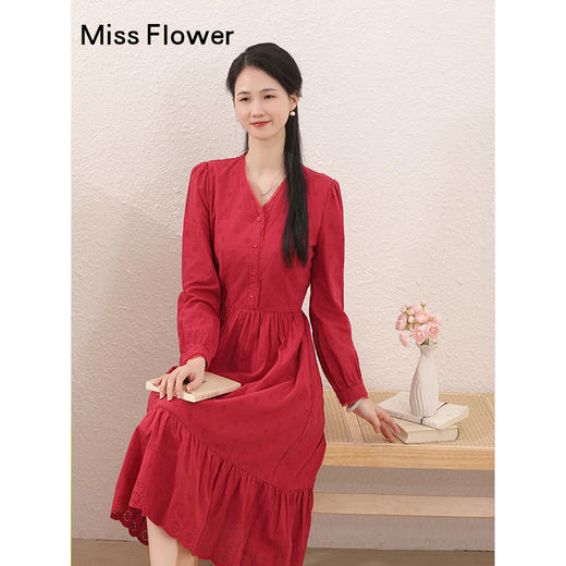 红色复古纯棉重工连衣裙女春季新款气质收腰显瘦长裙子 商品图1