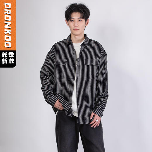 DRONKOO 2025 翻领竖条纹双袋盖雪尼尔长袖中厚衬衣 商品图0