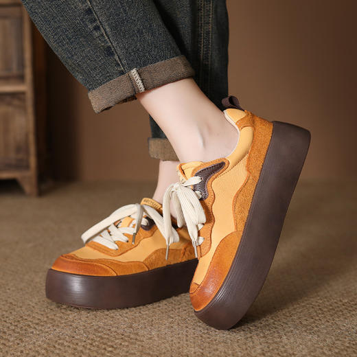 FR 85082真皮韩版潮流休闲拼色高帮鞋系带厚底单鞋 商品图0