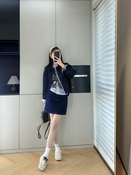 小众原单拼接格纹天丝翻领牛仔外套女 商品图3