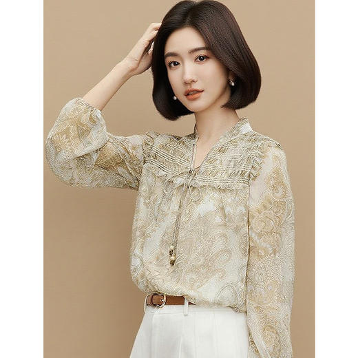 OPH W5214木耳边设计早秋高级感桑蚕丝长袖上衣衬衫 商品图0