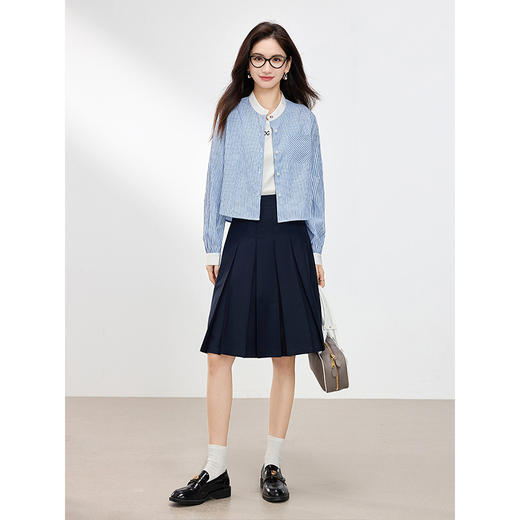 【专属特价】熙世界长袖条纹衬衫女小个子2025秋季新款法式休闲圆领设计感上衣 商品图4