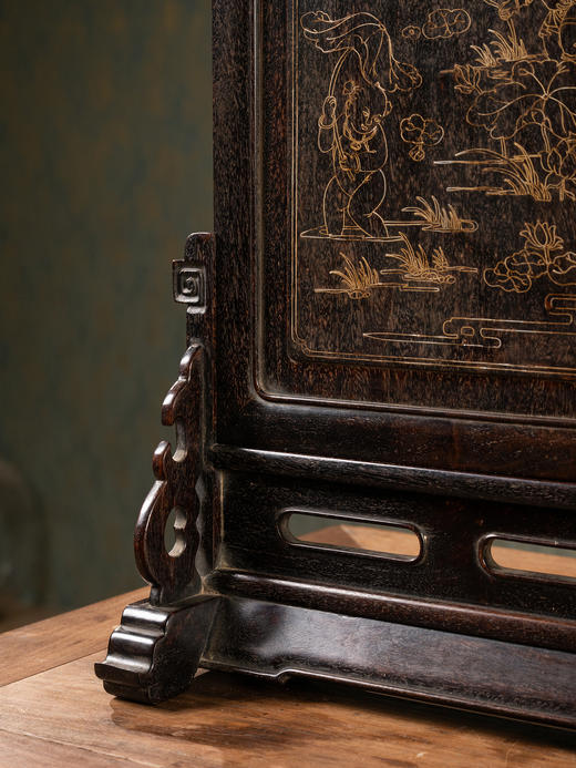 清	紫檀嵌银丝童子采莲插屏 商品图2