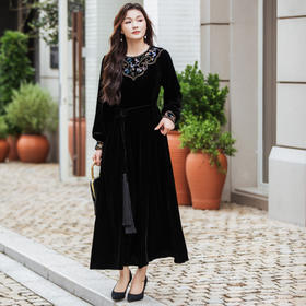 【林栖设计小店】真丝丝绒连衣裙绣花腰带国风2025秋冬新款女1954046