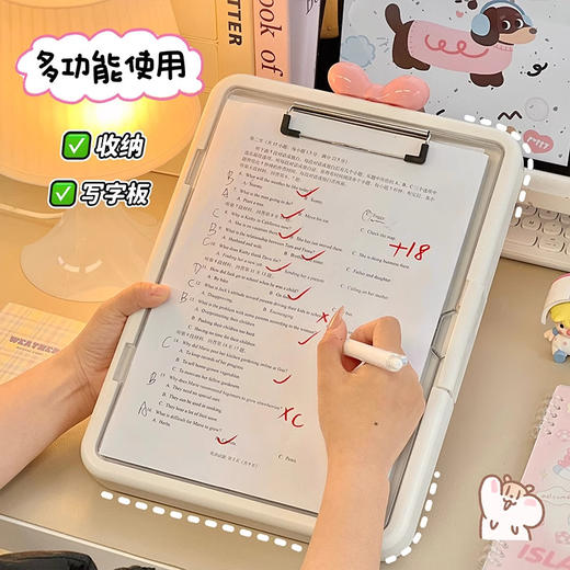 【敲大容量！赠送贴纸】双层设计，桌面文件资料收纳盒简约ins风可爱卡通学生试卷整理储存盒写字板。ra 商品图2