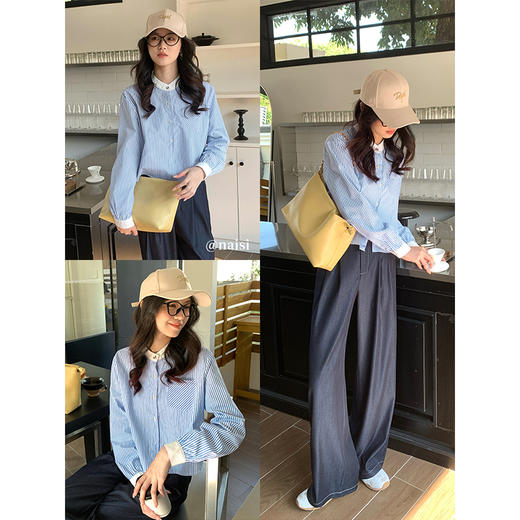 【专属特价】熙世界长袖条纹衬衫女小个子2025秋季新款法式休闲圆领设计感上衣 商品图2