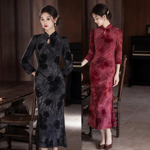 SKY 396111改良新中式长款鱼尾旗袍裙扎染植绒日常中袖旗袍 商品图0