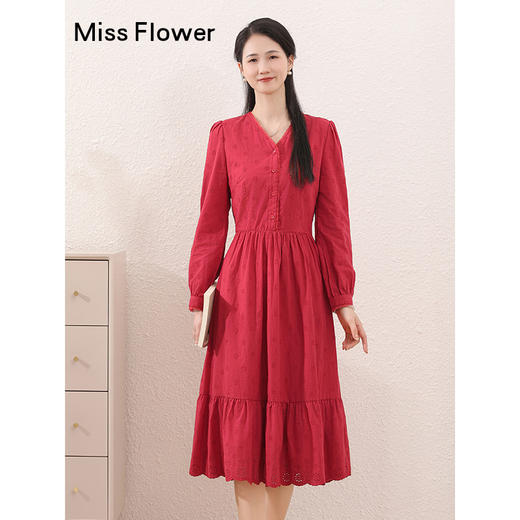 红色复古纯棉重工连衣裙女春季新款气质收腰显瘦长裙子 商品图2