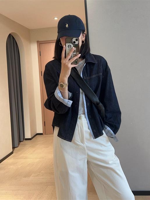 小众原单拼接格纹天丝翻领牛仔外套女 商品图9