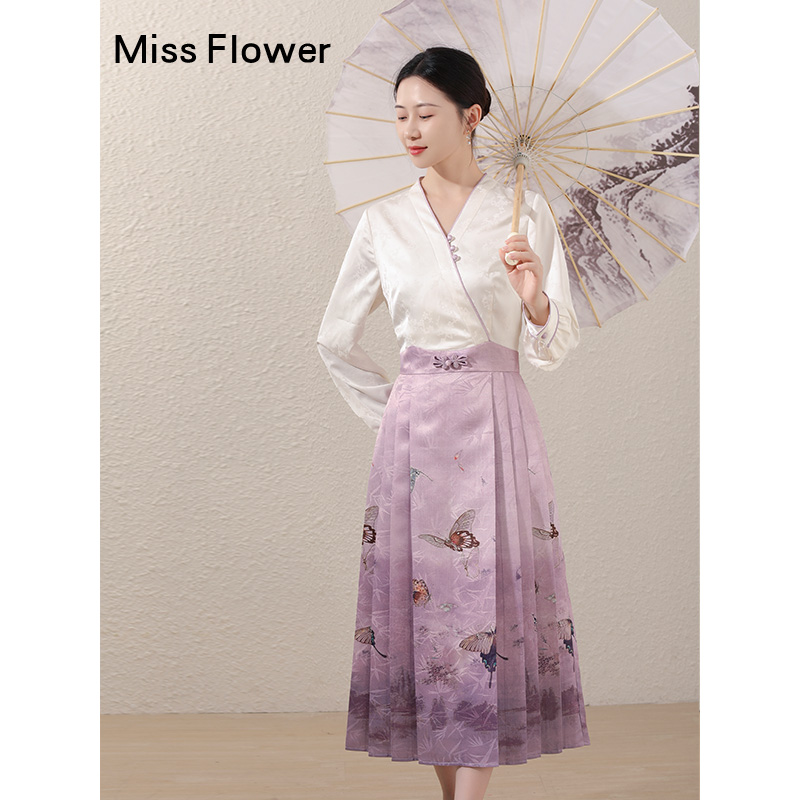 紫色缎面连衣裙春季新款女装新中式马面裙国风长裙
