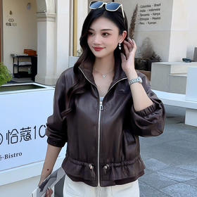 QYM 7728-Y时尚皮衣PU短外套抽绳收腰皮夹克