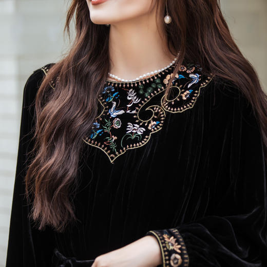 【林栖设计小店】真丝丝绒连衣裙绣花腰带国风2025秋冬新款女1954046 商品图3