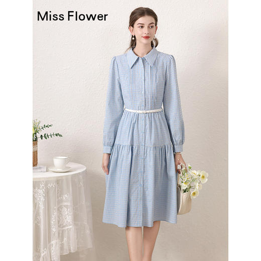 蓝色气质格子polo领连衣裙女春季新款减龄高腰显瘦裙子 商品图1