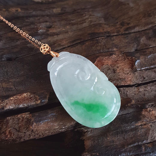 【天然正品】A货翡翠AU750玫瑰金镶天然细腻糯冰种飘辣阳绿如意（万事如意）翡翠吊坠项链45.3*24.1*5.7MM链长：45CM（长度可调节）女性现售价：4280！120825NJS21 商品图5