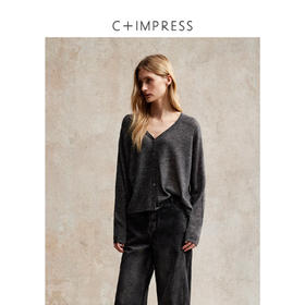 C+IMPRESS/西嘉知性学术风桑蚕丝羊绒针织开衫V领宽松设计感毛衣