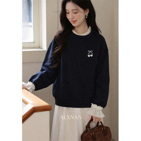 鹿向南「樱桃慕斯」假两件圆领卫衣女秋季宽松慵懒感黑色长袖上衣