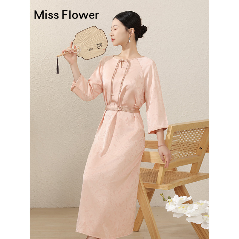 桔色新中式国风法式连衣裙女春季新款长裙收腰a字裙子