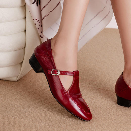 【预售5天】高颜真皮圆头浅口单鞋女新款复古通勤粗中跟玛丽珍丁字扣LD&7445 商品图1