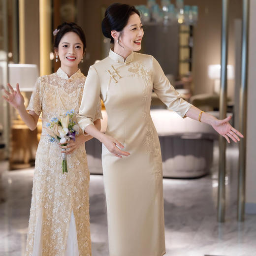 LHS C54香槟色旗袍喜婆婆婚宴装礼服裙 商品图0