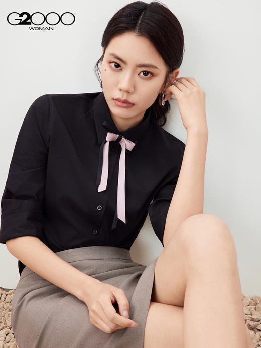 G2000【棉质多面弹/配送蝴蝶结/商场新款】女FW25易打理长袖衬衫56223203 商品图2