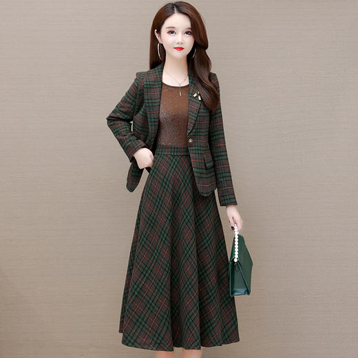 QYM 25CXYZX27时尚套装格纹小西装中长裙气质显瘦两件套 商品图0