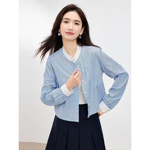 【专属特价】熙世界长袖条纹衬衫女小个子2025秋季新款法式休闲圆领设计感上衣 商品图3