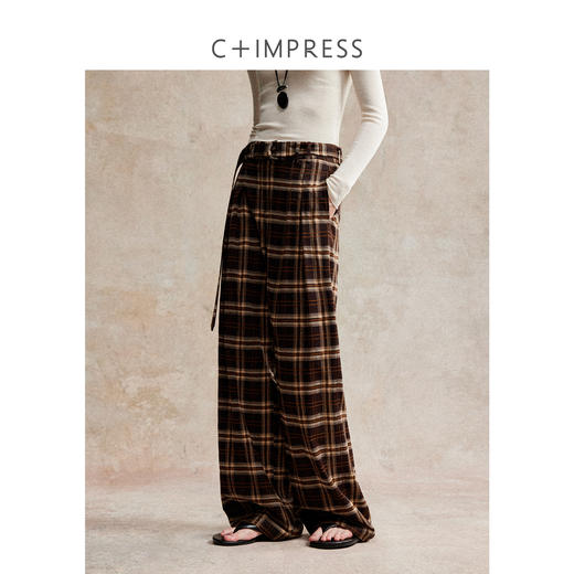 C+IMPRESS/西嘉 时髦格纹磨毛长裤复古老钱英伦学院风直筒休闲裤 商品图0