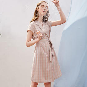 欧芮儿2019新款女装夏装插肩袖格子连衣裙女中长款西装领女裙子