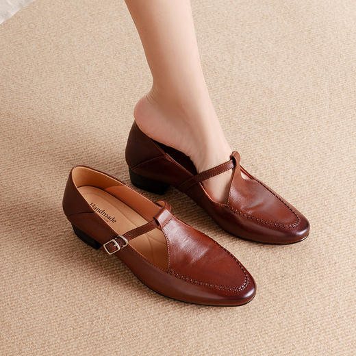 【预售5天】高颜真皮圆头浅口单鞋女新款复古通勤粗中跟玛丽珍丁字扣LD&7445 商品图2