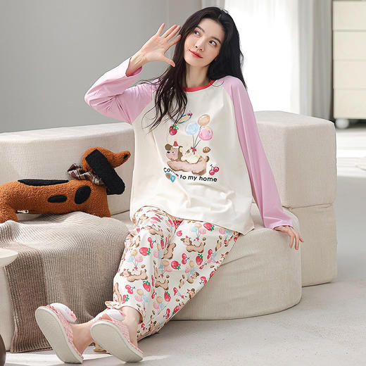 春秋全棉长袖睡衣 甜美可爱长袖休闲圆领家居服套装 商品图3